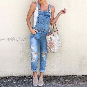 H&M light wash destroyed denim overalls